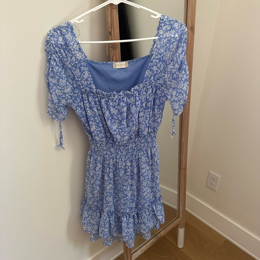 Altar’d State Blue Floral Square-Neck Smocked Mini Dress